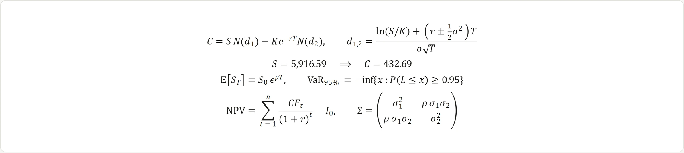 Formulas on an OpenBI page: Black–Scholes, the last close 5,916.59 and the call's value 432.69 from the model, NPV and a covariance matrix