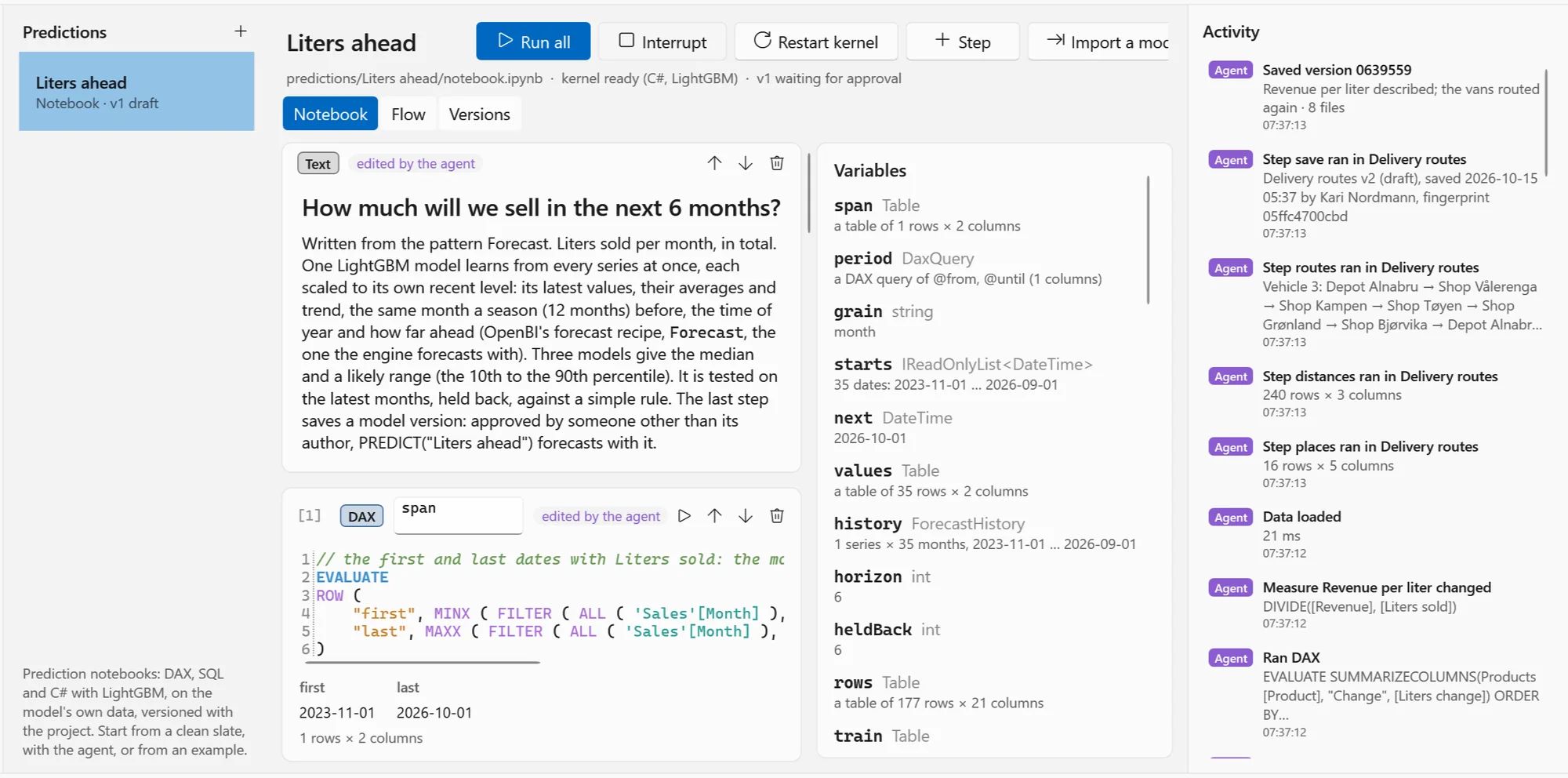The forecast's notebook: the question, then DAX and C# steps with LightGBM