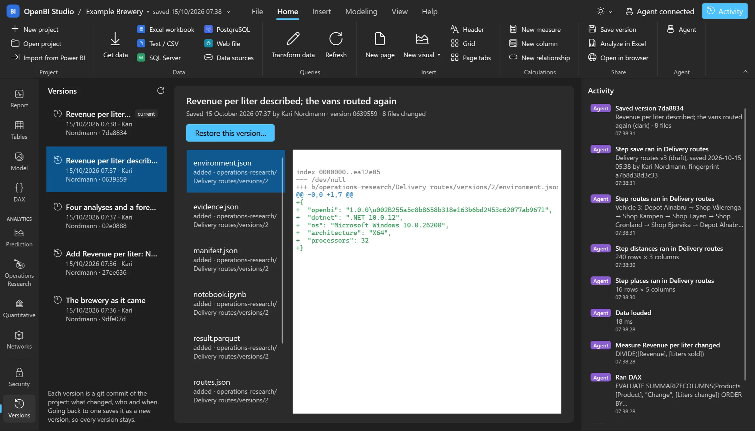 The Versions view in dark theme