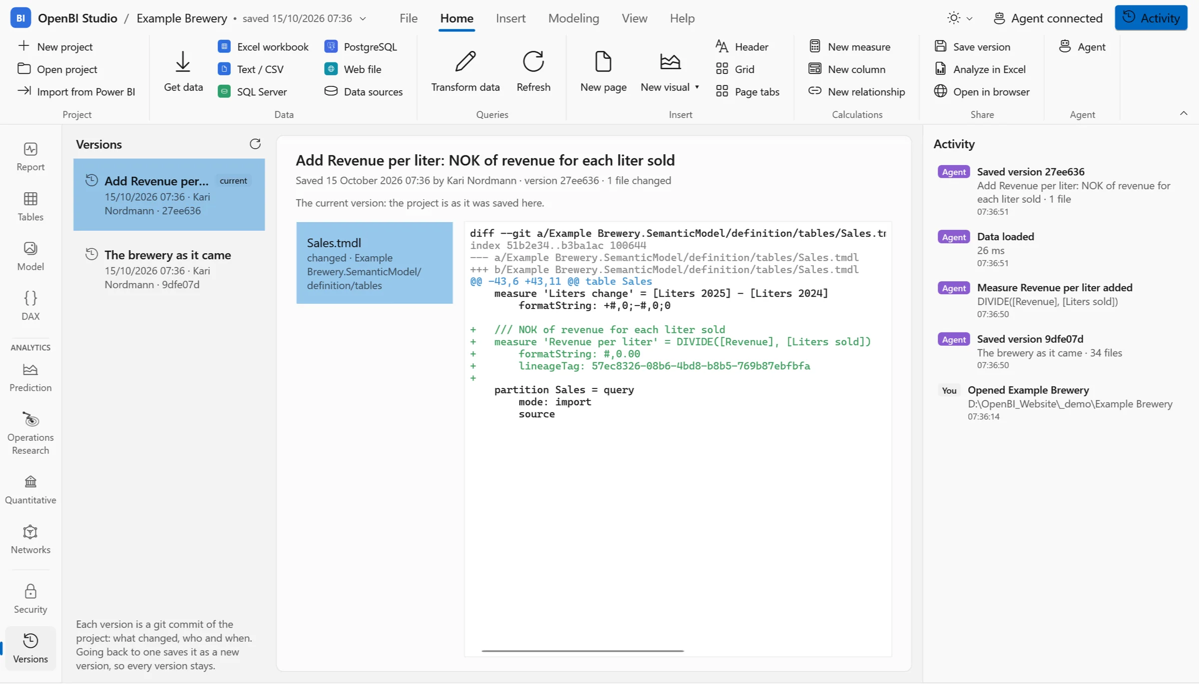 The studio's Versions view: the agent's commit adding Revenue per liter, with its diff